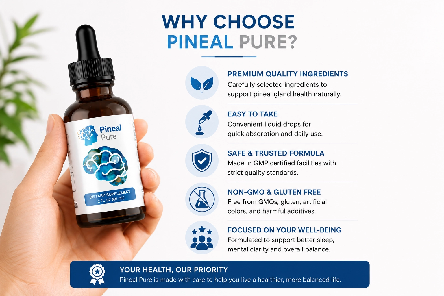 PinealPure dropper bottles displayed next to natural herbal extracts and botanical ingredients